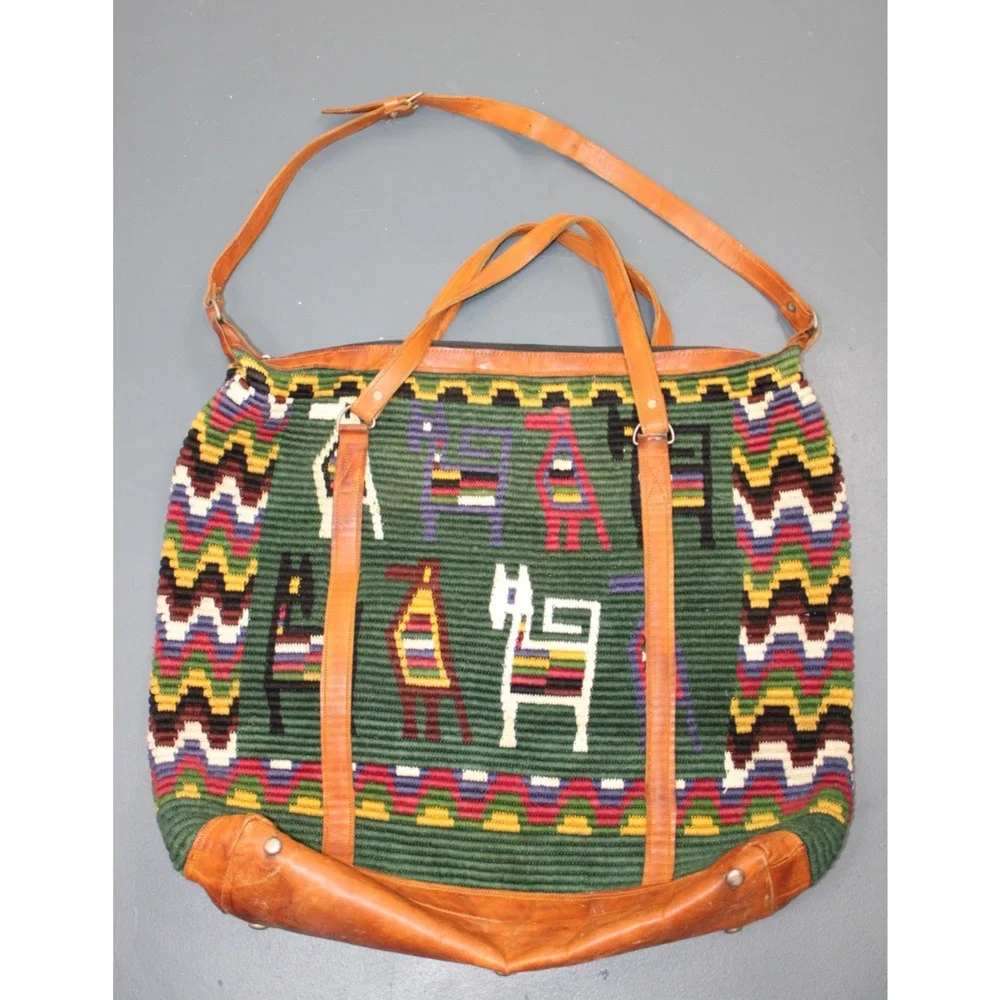Vintage Handmade Woven Tote Bag Leather Trim Boho Guatemala Alpaca Wool Travel - Picture 4 of 14